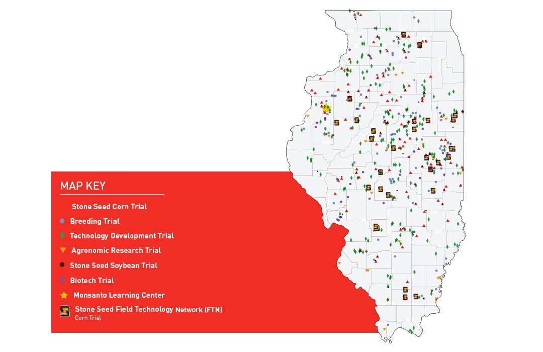 A map of Illinois with Stone trial locations